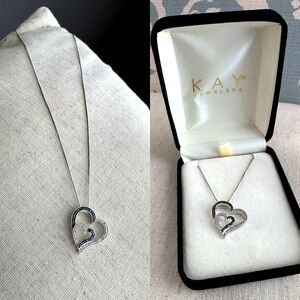Blue & White Diamond Double Hearts Sterling Silver Necklace *Never worn*